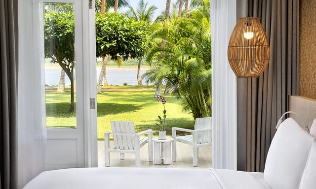View of Ocean View Pool Suite terrace with seating area from bedroom