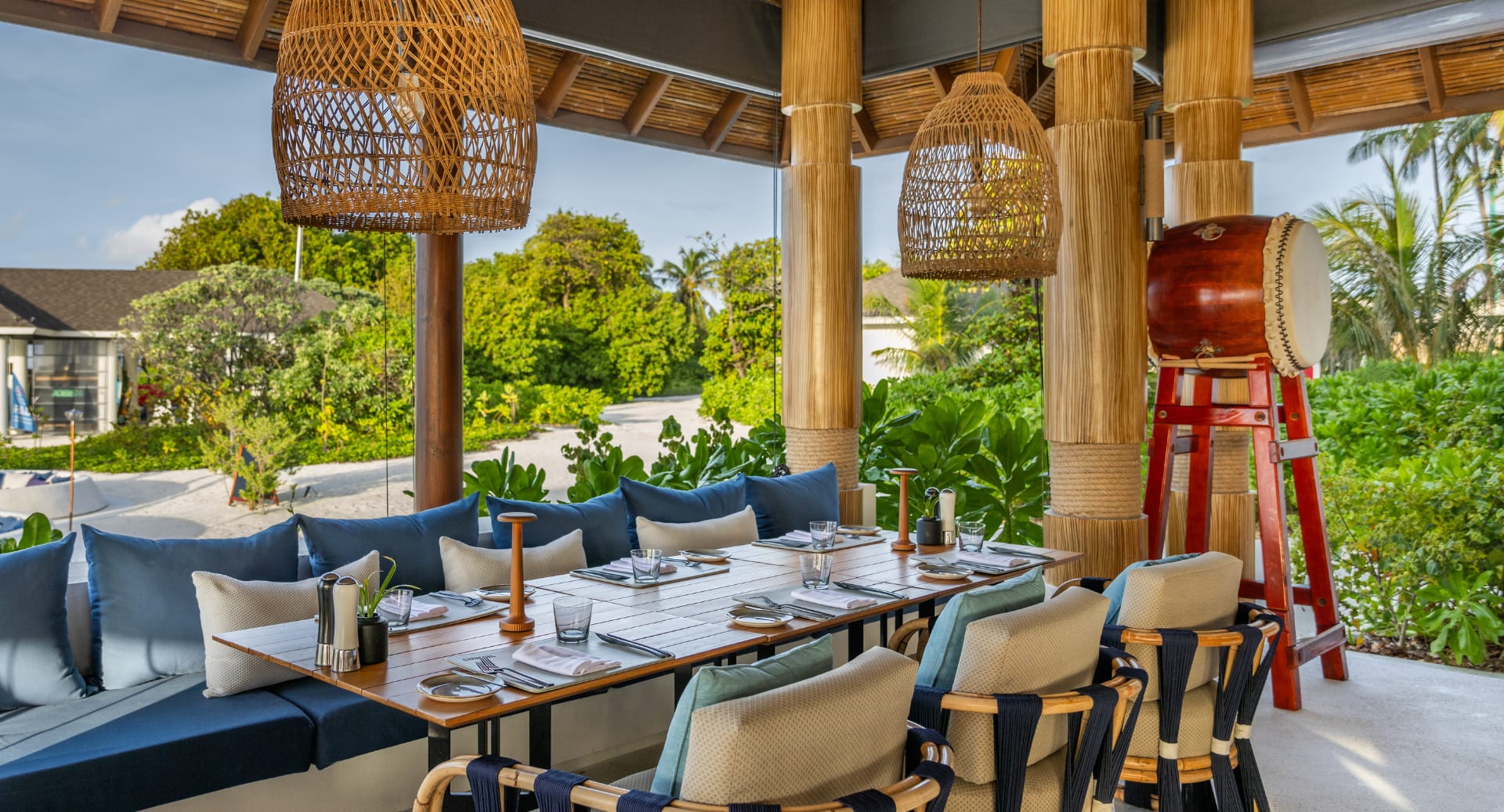 Charcoal restaurant with tropical garden views at Avani+ Fares MaldivesAvani+ Fares Maldives