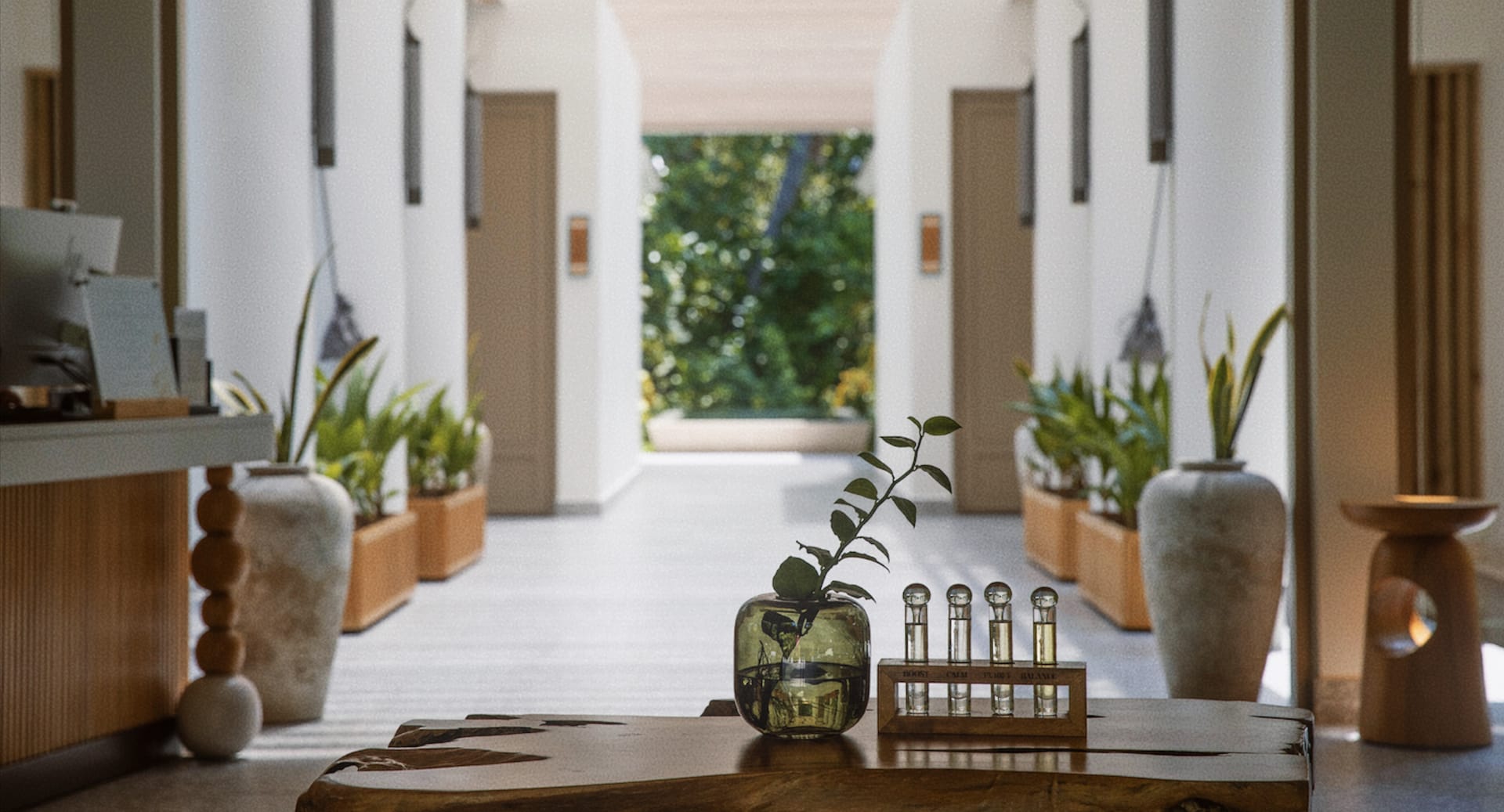 Spa reception area at Avani+ Fares Maldives resort with calming design