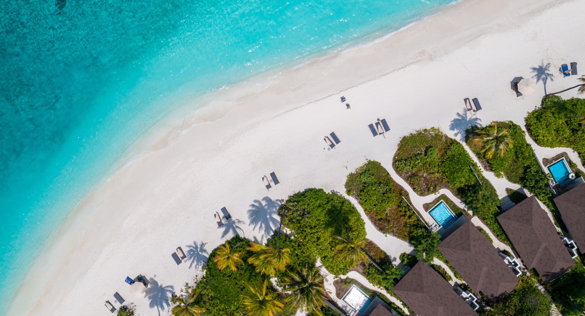Aerial view of beachfront pool villas at Avani+ Fares Maldives Resort