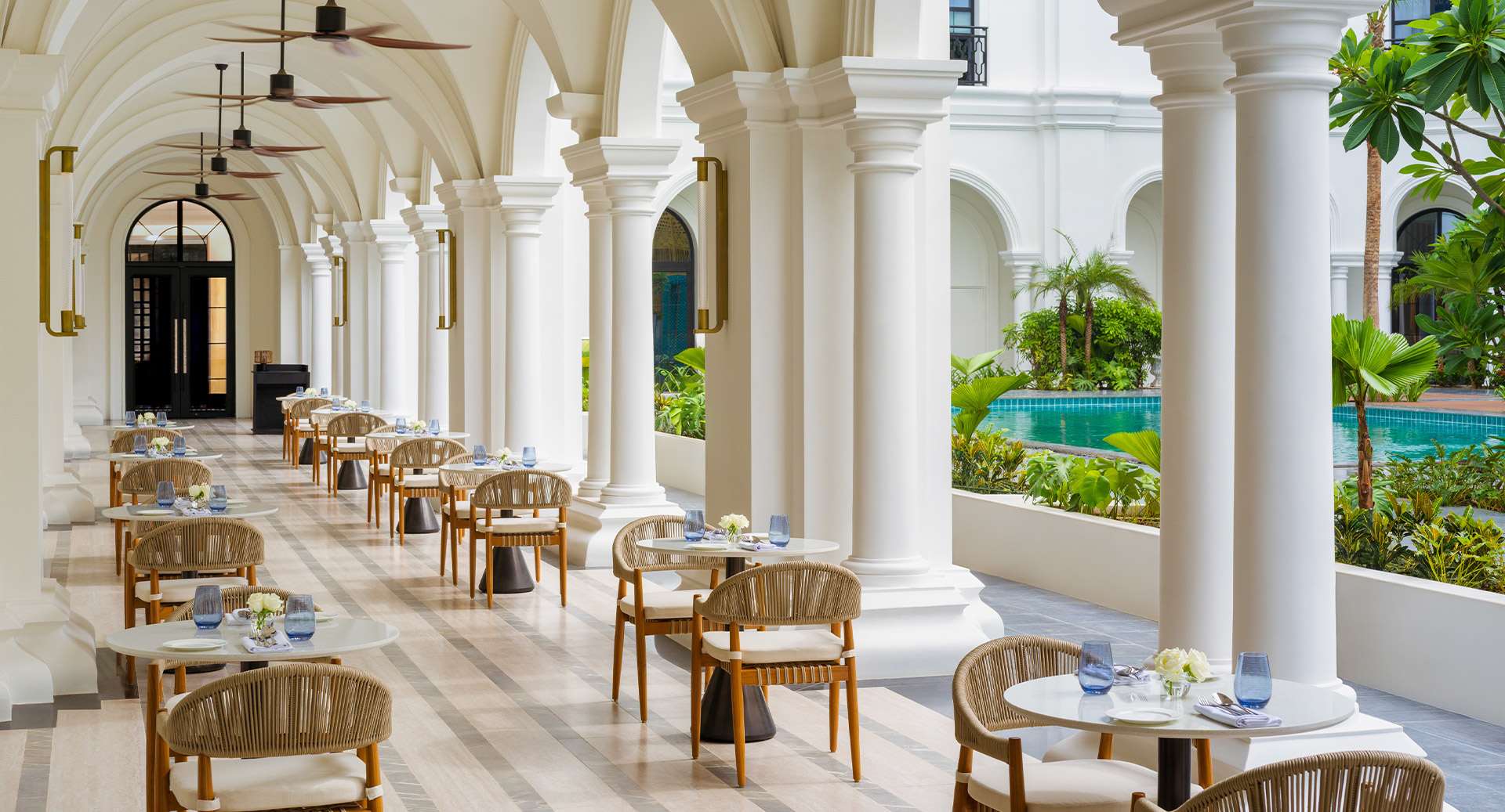 restaurant terrace with pool at avani lanexang vientiane