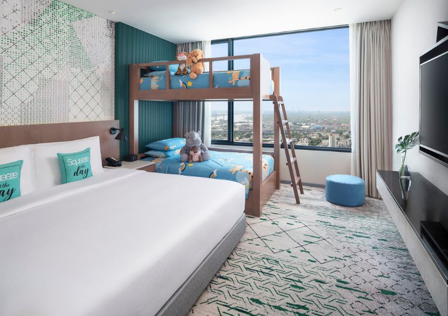 family hotel sukhumvit, family skyline room, sukhumvit accommodation, best family hotel bangkok, skyline views, bunk beds, walk-in shower, bangkok getaway, avani sukhumvit, bangkok, thailand
