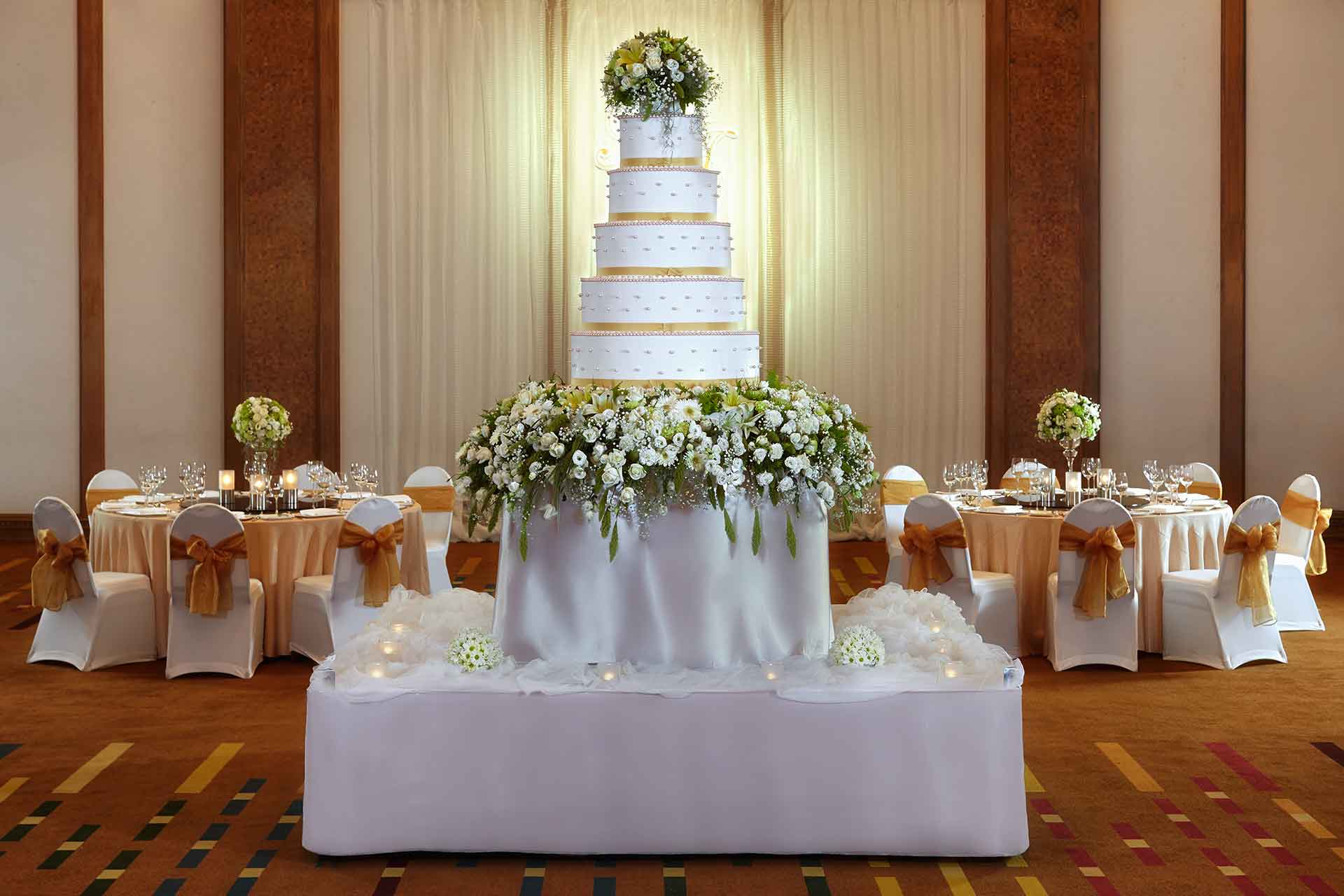 Wedding cake decorations at banquet hall