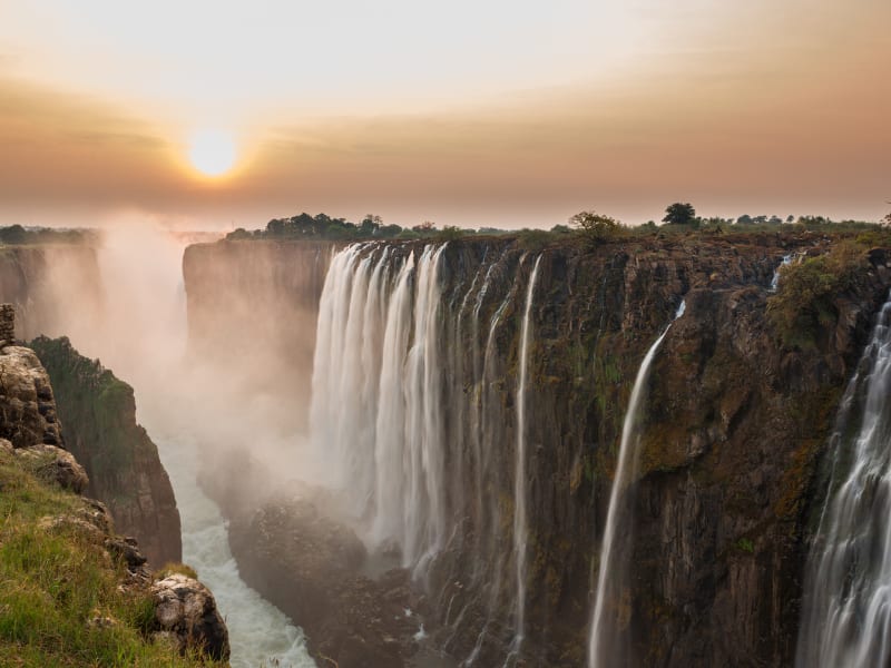 Victoria Falls in Zambia during sunset
