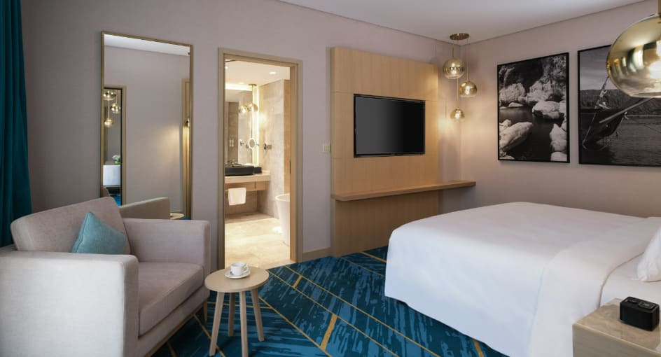 One Bedroom Suite, Stylish touches, in private bedroom and separate living area perfect for family stay at Avani Muscat Hotel & Suites, Al Seeb, Muscat, Oman