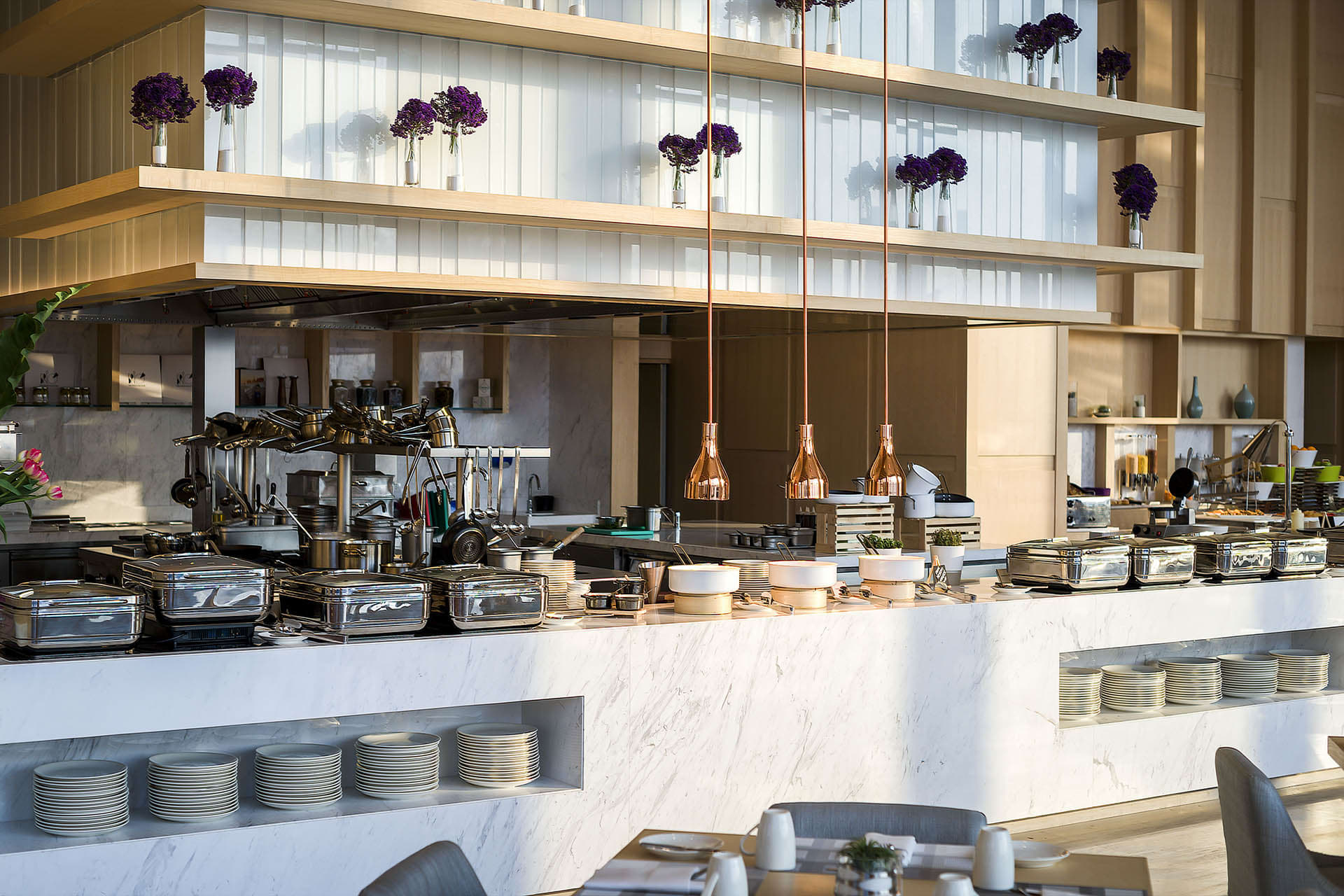 The skyline open kitchen and buffet area