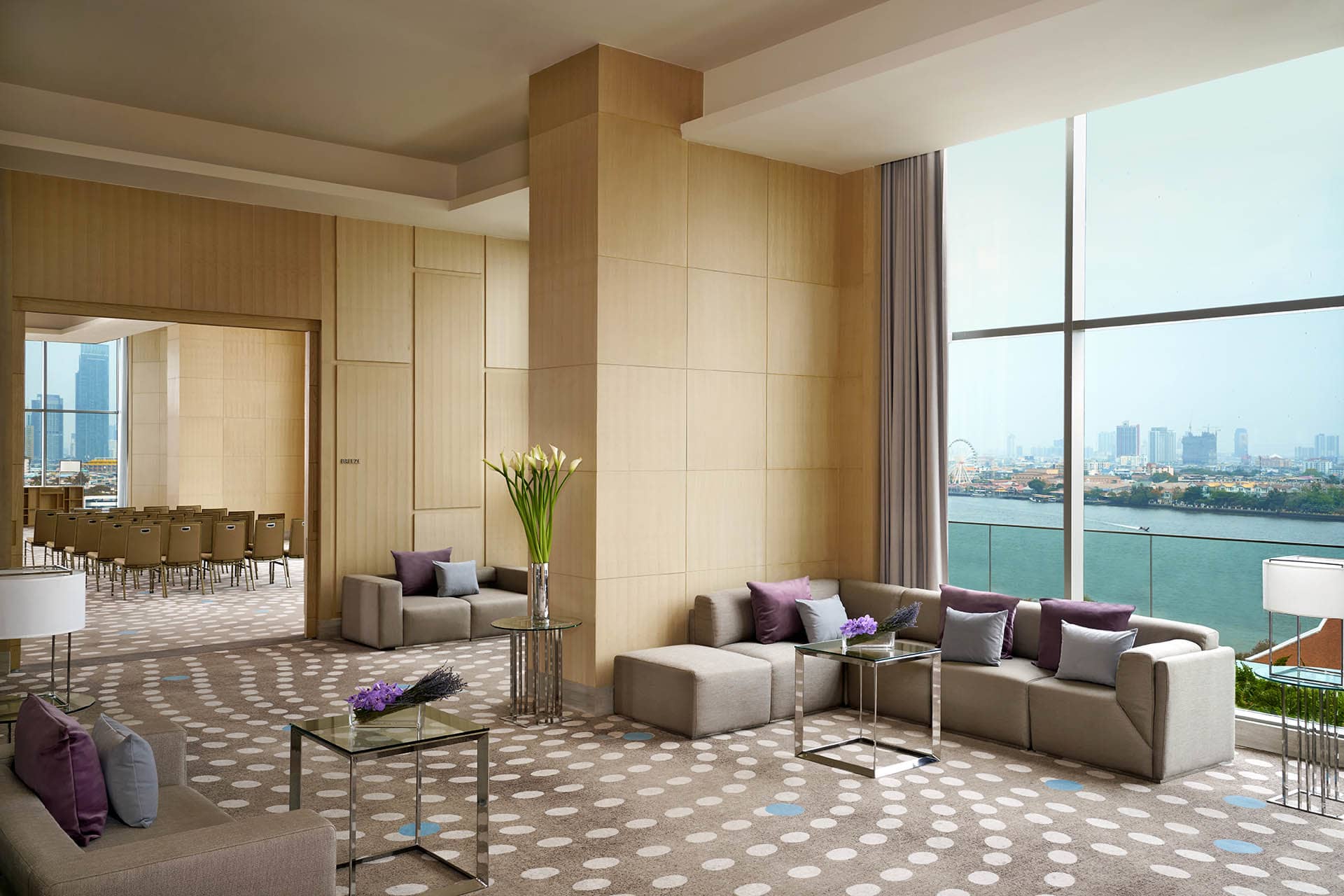 View of the city and river from lobby area