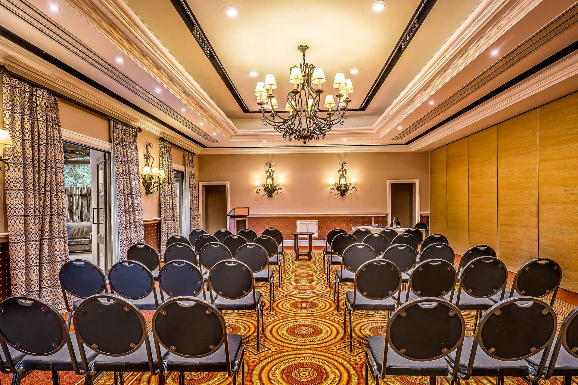 A meeting room with classroom setup seating