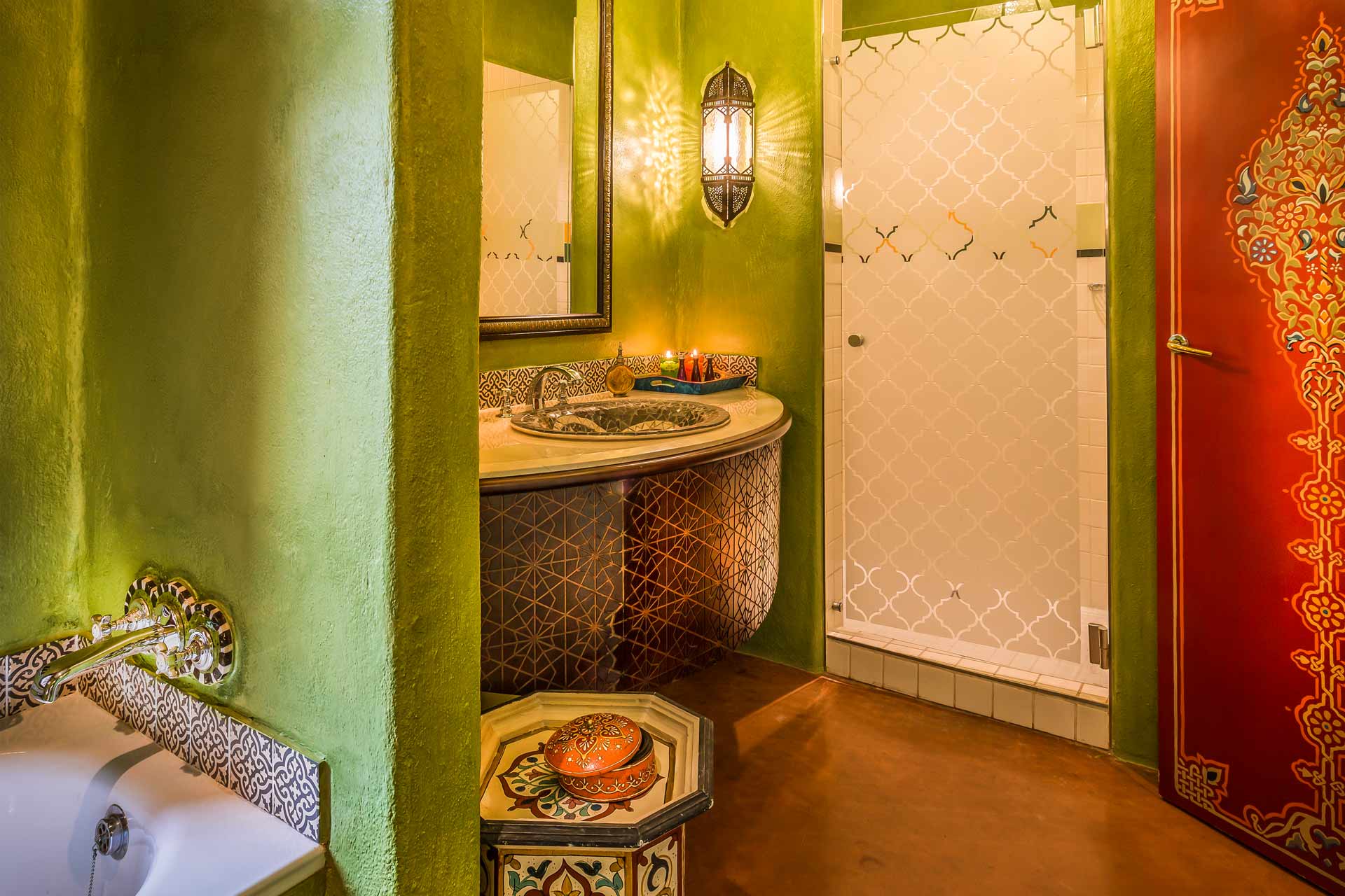 Inside a master bathroom of a suite